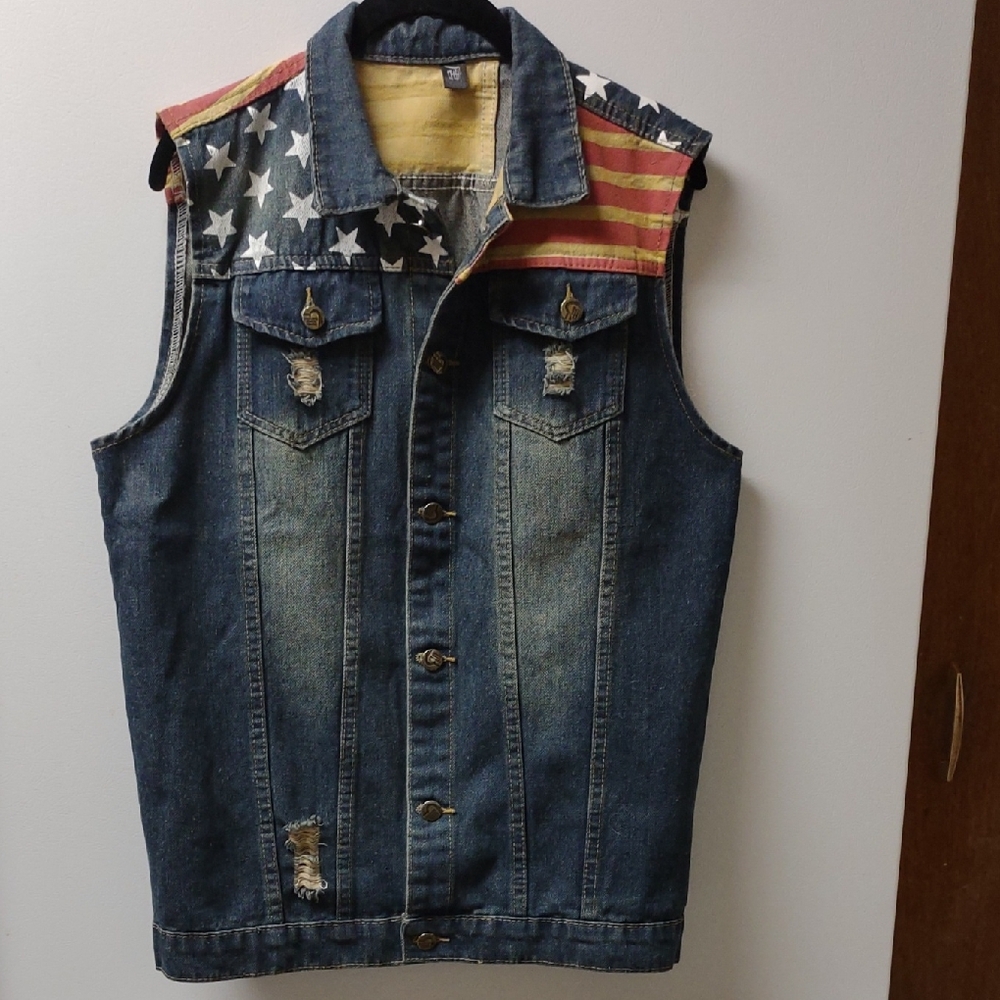 Distressed Denim Vest with American Flag Design Men's Size Small